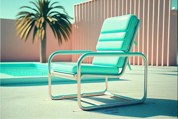 mint green lounge chair near swimming pool on luxury resort. 80s pop style. Luxury pop style of 90s. green arm chair. Illustration painting