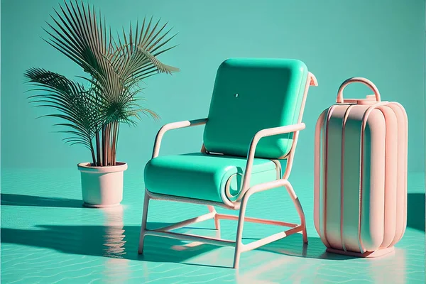mint green lounge chair near swimming pool on luxury resort. 80s pop style. Luxury pop style of 90s. green arm chair. Illustration painting