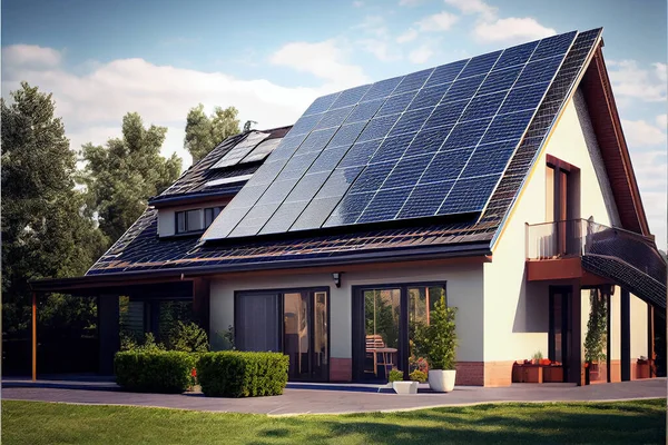 Solar photovoltaic panels mounted on a tiled house roof. Solar panel installed on roof of a house and a beautiful sky with the setting sun. Alternative electricity source. Concept of sustainable