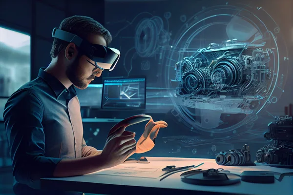 Automotive Engineer Working on Electric Car Chassis Platform, Using Augmented Reality and virtual reality. Headset with Touching Gestures. Smart industry. In Innovation Laboratory Facility Concept