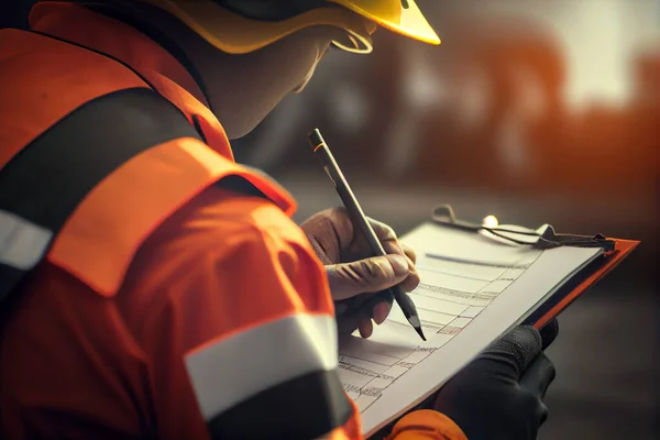 Safety officer is writing note on the checklist paper during perform audit and inspection in oil field operation. Close-up action and selective focus photo. High quality illustration.