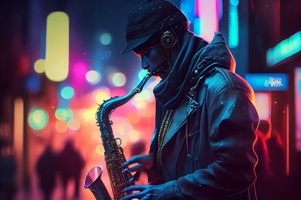 Street musician playing saxophone in the evening street with neon lights background. Joyful musician playing music at night city. High quality illustration.