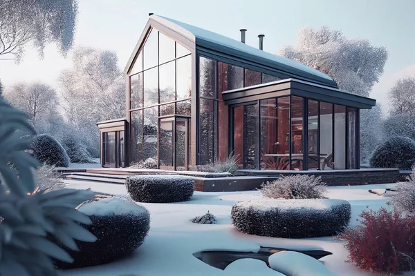 Glass and wooden house with winter garden exterior design. Facade of detached house, view at winter. Snowy cottage garden. High quality photo.