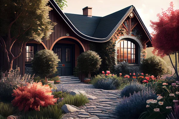 Countryside house with garden of summer flowers. Beautiful summer flower bed near the house. Vibrant and colourful flower garden with wooden house exterior design. High quality illustration.