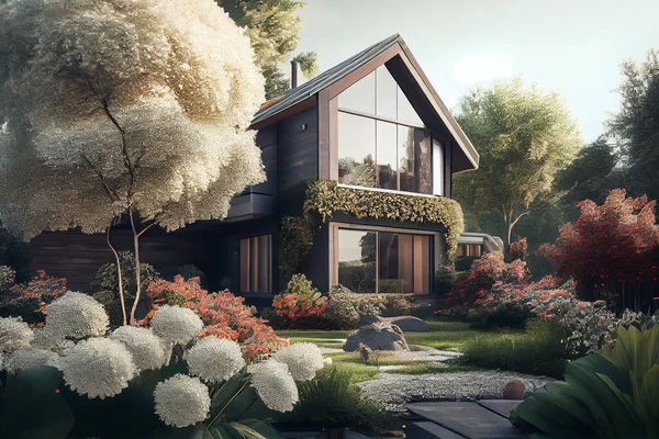 Modern house with garden of summer flowers. Beautiful summer flower bed near the house. Vibrant and colourful flower garden with modern house exterior design. High quality illustration.