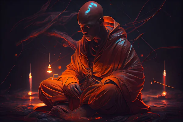 Buddhist monk in meditation with inner energy healing around him, spiritual background. High quality illustration.