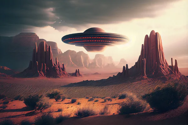 Flying saucer flying close to the Earth. UFO, an alien plate hovered motionless in space against the background of the earth.UFO invasion on planet earth landscape. alien invasion, spacecraft of the humanoids. Some elements of the image provided by N