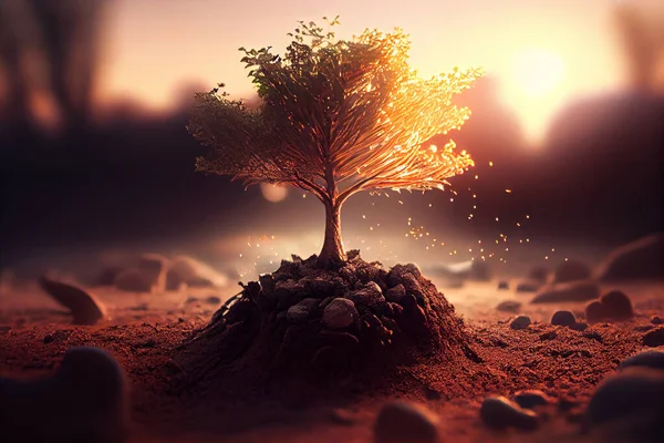 Small tree is planted on the soil ground. Young plant growing in garden with sunlight. hand holding small tree for planting. concept green world earth day. High quality illustration.