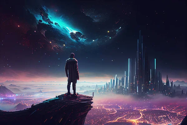 Cyberpunk man looking at futuristic cityscape with stars and skyscrapers neon lights. man stands on top of futuristic city. Futuristic galaxy city scape. High quality illustration