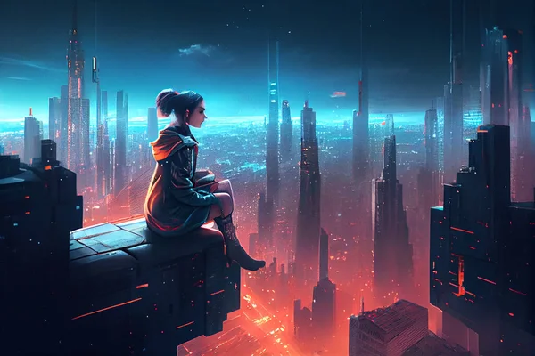 A girl sits on the roof of a skyscraper, dangles her legs and admires the neon city of the future. View of an future city. 3D Rendering. High quality illustration.