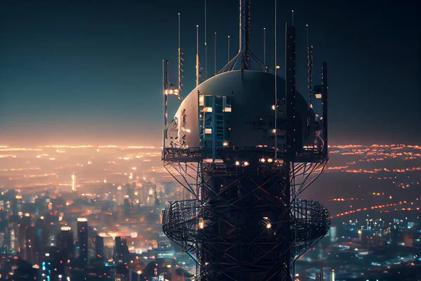 5G network transmitters on the roof of a skyscraper. Antenna for the 5G cellular network. High quality illustration.Transmission tower and radiation, banner format.