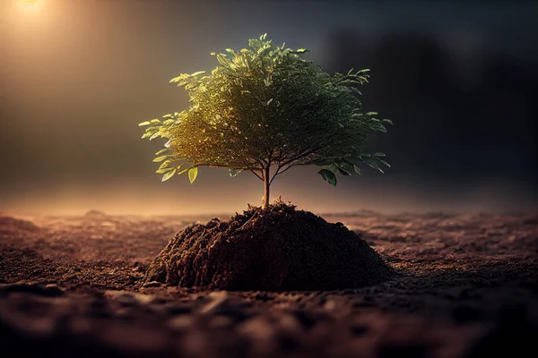 Small tree is planted on the soil ground. Young plant growing in garden with sunlight. hand holding small tree for planting. concept green world earth day. High quality illustration.