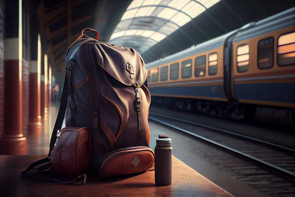 Traveller bag and luggage at train station. Luggage at the train station with a traveler.sun set, Travel concept. High quality illustration.