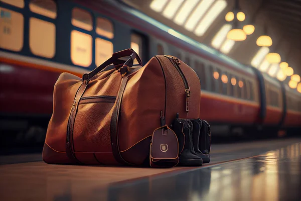 Traveller bag and luggage at train station. Luggage at the train station with a traveler.sun set, Travel concept. High quality illustration.