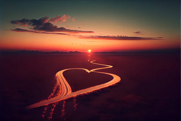 Heart shaped trail by plane in a sunset. Airplane flies above white clouds at sunset and leaving jet trail in the shape of heart. High quality illustration.