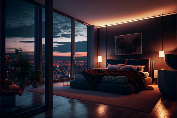Luxurious bedroom design with shady photography technique. Modern bedroom interior with big windows. High quality illustration