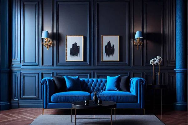 Rich Navy blue living room with lounge zone navy blue sofa and armchair. Navy blue trend colour interior design. Luxury living room interior design. High quality illustration.