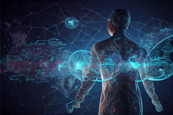 Medicine doctor touching medical global network. Hologram Human Body Health Care of the Future High Tech Diagnostic Panel. AI in medicine. Modern medical science in the future. High quality illustration