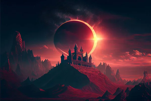 red sky and old castle with towers on the hills. Landscape of mountains and forest. nature and ancient architecture. scenery of castle of thorn with solar eclipse in dark red sky, digital art style, illustration painting. High quality illustration