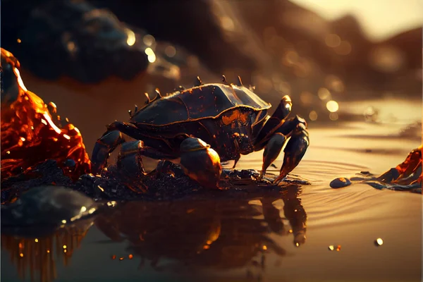 Water pollution with shell and sea crab dead on the beach sand. Pollution nature water oil crab. High quality illustration.