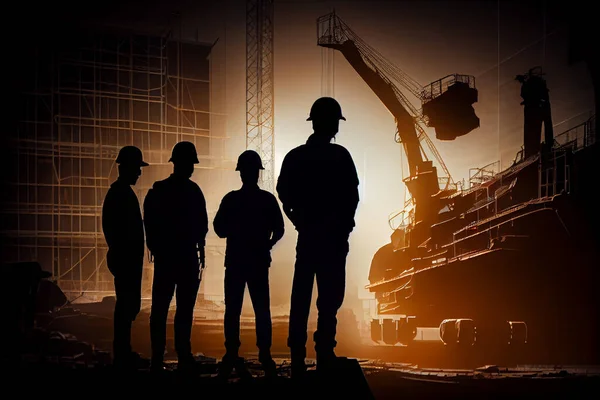 Silhouette of Survey Engineer and construction team working at site over blurred industry background with Light fair. High quality illustration