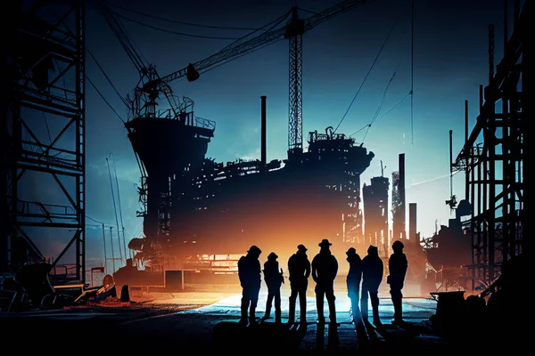 Engineer and construction team working at site over blurred industry background with Light fair. High quality illustration