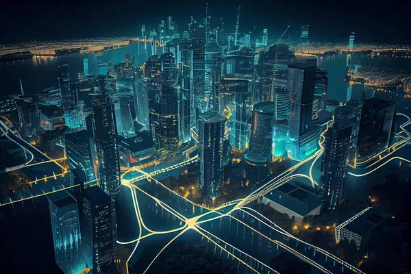 Smart city and digital transformation. Cityscape, telecommunication and communication network concept. Big data connection technology. De-focused background. High quality illustration