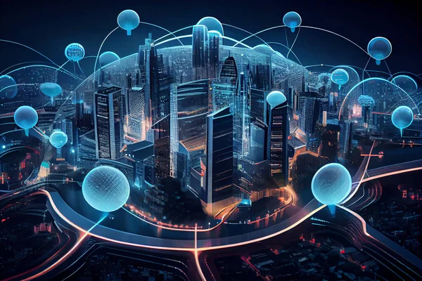 Smart city and digital telecommunication and communication network concept. Big data connection technology. High quality illustration