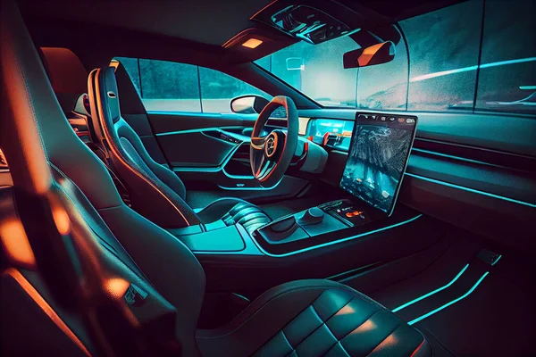 Electric Vehicle with Self-Driving interior design. Future Car Software Technology. Self-Driving Car, Autonomous Vehicle, Driverless Car, Robo-Car. High quality illustration