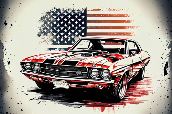 American muscle car grunge sketch on the american flag background. US muscle car concept. High quality illustration