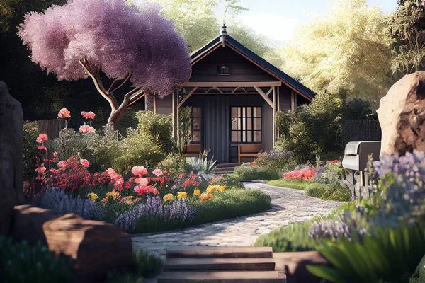 Cottage garden with spring flowers. Countryside house garden with flower bed blossoming in spring. High quality illustration.