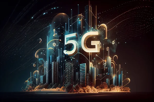 5G network digital hologram and internet of things on city background.Double exposure city of cpu 5g.5G network wireless systems,IoTInternet of Things,communication network concept. High quality