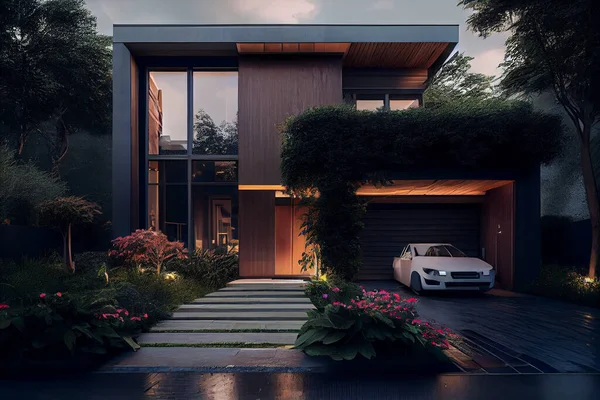 Luxurious house with beautiful garden. Modern glass villa exterior. Contemporary villa house design with glass and wood. High quality illustration.