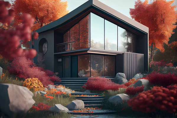 Modern villa exterior with autumn garden. Fall wooden country house and cottage garden.Contemporary house design with full autumn trees. High quality illustration.