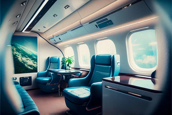 Private plane air jet interior with custom design. Luxury private airplane interior. Business class air plane. Nobody. High quality illustration