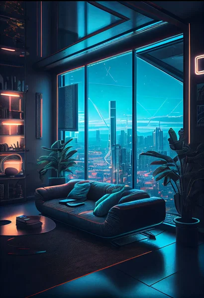 Cozy cyberpunk room with beautiful futuristic interior design. home cyberpunk interior in anime style With neon backlight. High quality illustration.