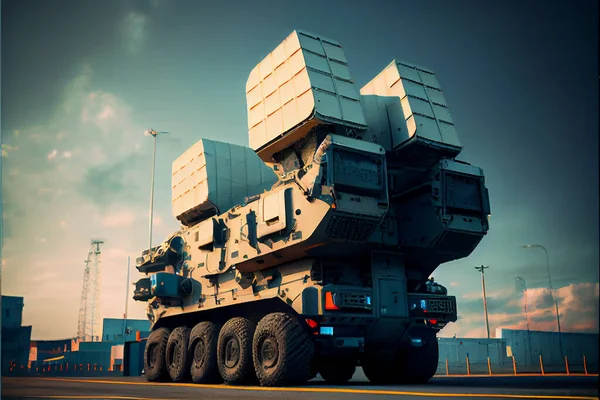 Air defense radars of military mobile antiaircraft systems in green color and ballistic rocket launcher with four cruise missiles in centre of frame, modern army industry . High quality illustration