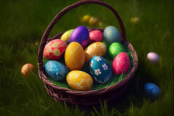 Easter basket with colorful eggs. Easter theme. High quality illustration.