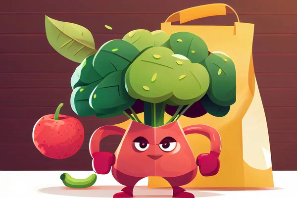 Broccoli vegetable character cartoon style with vegetables background. High quality illustration.