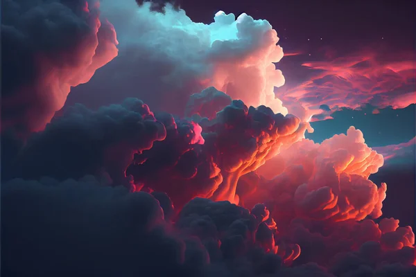 Stormy art sky with dramatic clouds from an approaching thunderstorm at sunset. High quality illustration