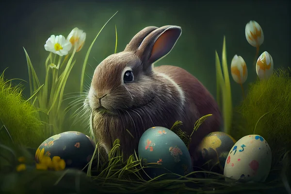 easter rabbit and easter eggs. Rabbit and Easter painted eggs in the green grass. High quality illustration