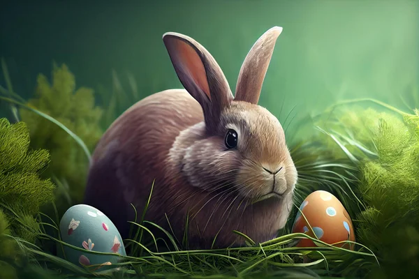 easter rabbit and easter eggs. Rabbit and Easter painted eggs in the green grass. High quality illustration