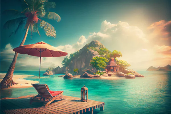 Fantasy exotic tropical island. Travel concept. Sunbed on Tropical Beach With Palm Trees On Coral Island. High quality illustration