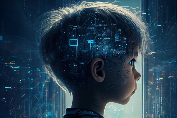 Human digital brain advancement. AI digitalization of human brain. Boy with digital transformation in his head. Chip in brain High quality illustration.