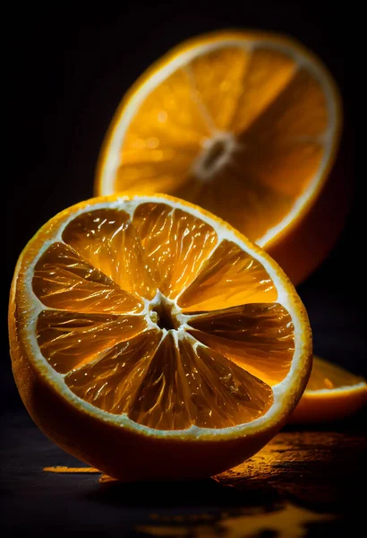 Oranges and orange juice splash on a black background. Close up of a piece of orange on black background. High quality illustration