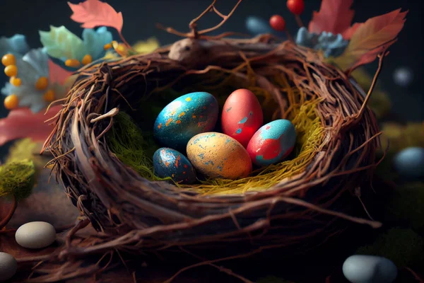 Easter nest with eggs. Colorful Easter eggs, an atmospheric decoration. High quality illustration