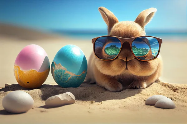 Cute bunny in sunglasses on the beach at sunny day. Easter bunny in glasses with colored eggs on a sandy beach by the ocean. High quality illustration