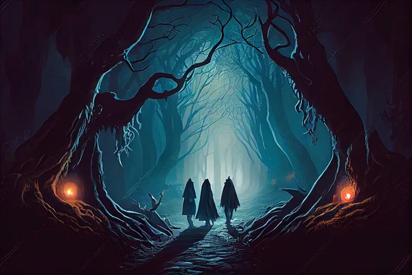 Pathway through the dark mystery spruce forest. Group of people are walking through. Gloomy forest with scary trees. High quality illustration.