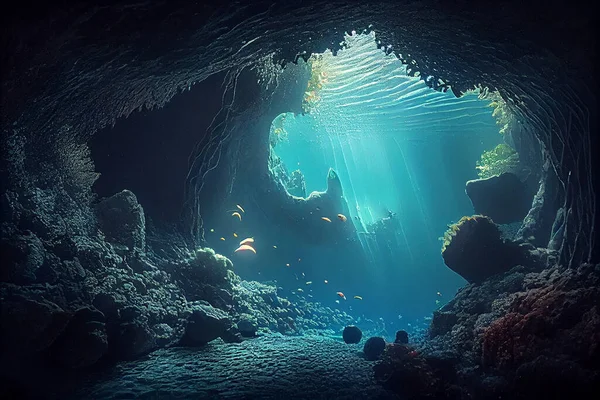Deep Underwater ocean valley. Underwater life. High quality illustration