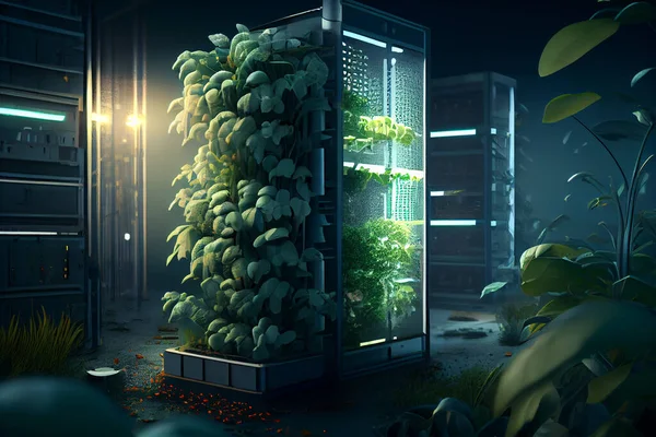 Vertical Farming. Agricultural technologies for growing plants and scientific research in the field of biology and chemistry of nature. Living green sprout in the hands of a farmer. Organic digital background. High quality illustration